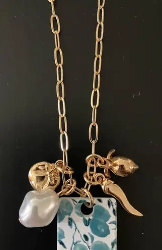 Gold Charm Necklace Blue and White fruit tile and tiny gold lemon and tomato