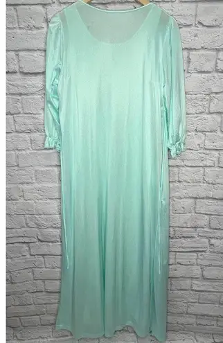 Vintage Texsheen Peignoir Nightgown Set Teal Blue Size M Shiny Long Floral 60/70 Size M - Image 11