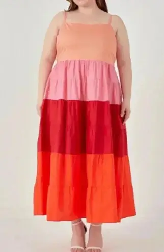 English Factory Pink Red Boho Siena Color Block Spaghetti Maxi Plus Size 3X NWT