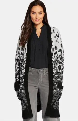 NYDJ NWT Jacquard Long Open Front Cardigan Heather Gray Black Animal Print