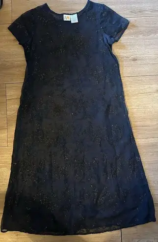 Vintage Dress Navy Black Shimmer floral Sheer Midi Size 14 1/2 Whimsy Fairy Goth Blue