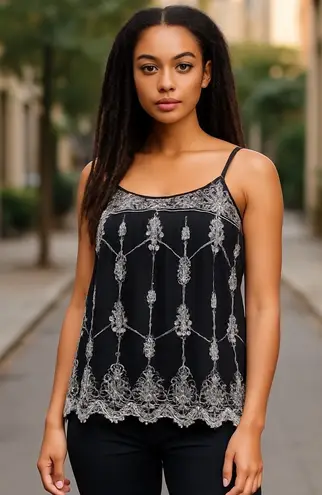 Lavish Embellished Tank Top Sleeveless Party Festival Top Black Small