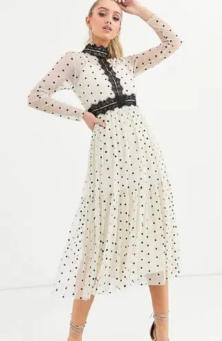 Lace & Beads Ivory Black Polka Dot Chiffon Lace Semi Sheer Midi Dress Size 10 White