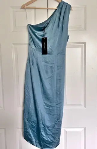 Elliatt | Cassini Cadet Blue Satin One Shoulder Midi Dress Rouched | Size Large