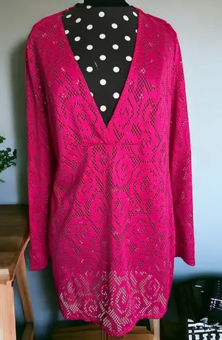 Contour Womens Top Sz S Hot Pink See Through Swim Cover Up Tunic Length