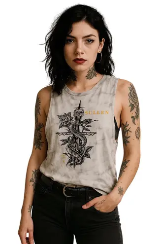 Sullen Angels Womens Large Tie Dye Muscle Tank Top Skull Snake Rose Art City White