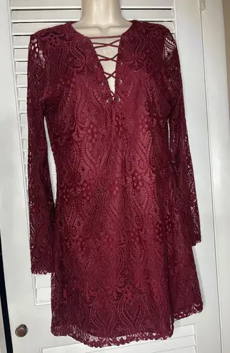 Ultra Flirt Burgundy Lace Up Mini Dress Long Sleeve Party Date Night L
