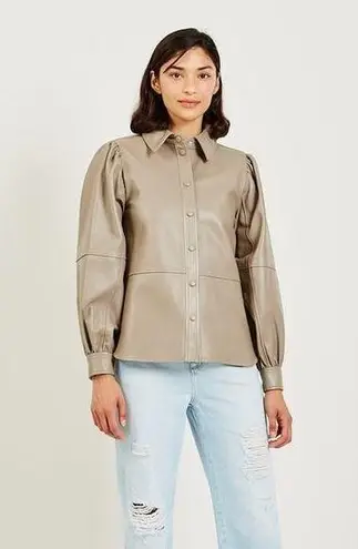 Ganni Fossil Brown Leather Snap Front Shirt Size 34 NWT