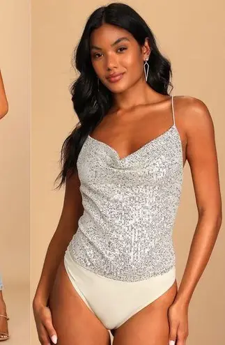 Lulu’s Small Here To Slay Silver Sequin Cowl Neck Bodysuit White Size M