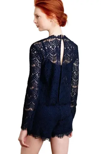 Saylor Anthropologie Navy Blue Long Sleeve Lace Layered Coquette Romper XS