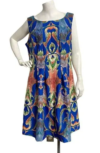 Gabby Skye  Plus Sz 14W A-Line Dress Blue Orange Green Sleeveless Stretch Pocket