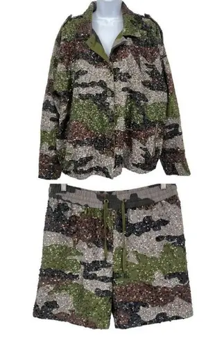 Revolve NEW Retrofete Idan Camo Sequin Matching Set Shorts Jacket Shacket Army 