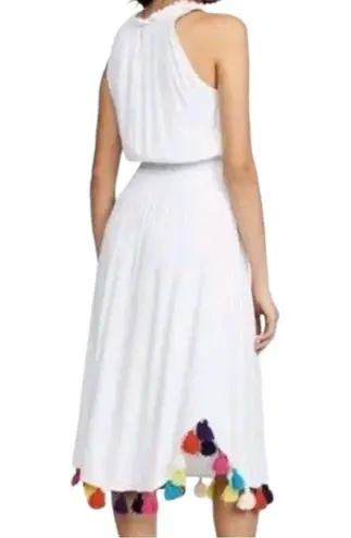 MISA Los Angeles Women’s S White Athena Rainbow Tassel Hem Split Neck Midi Dress