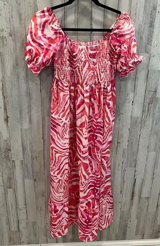 Beachsissi New! Pink Smocked Print Off The Shoulder Midi Dress Womens Size Small