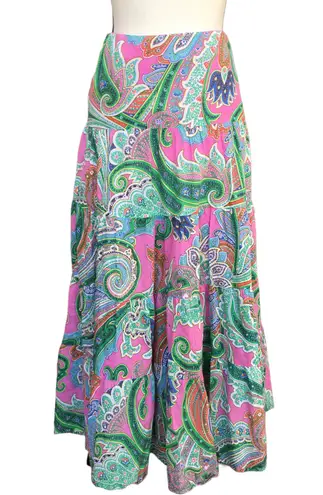 Ralph Lauren Lauren  Pink Green Paisley Tiered Skirt Boho Midi Bright M