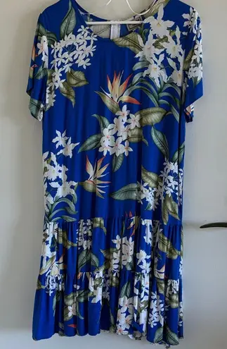 Aloha hut Hawaiian print tiered dress tropical floral Hawaii plumeria Blue Size XL