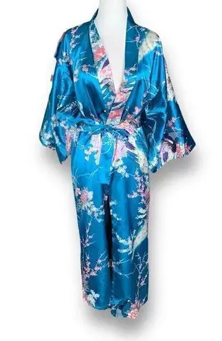 Jugeumm Robe Blue Pink Satin Floral Peacock Print Japanese Kimono Dressing Gown