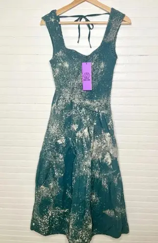 Nikki Lund Smocked Blue and Cream Bleach Splatter Sleeveless Midi Dress S