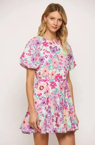 Fate Women Frances Floral Pleated Skirt Dress Sz L Puff Sleeve Colorful Feminine Pink Size L