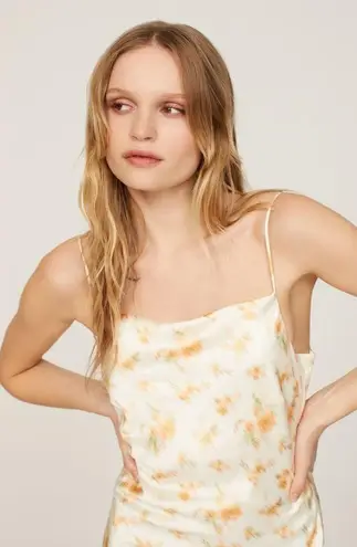 Holzweiler Eila Cream Yellow Floral Print Satin Midi Slip Dress Size XS