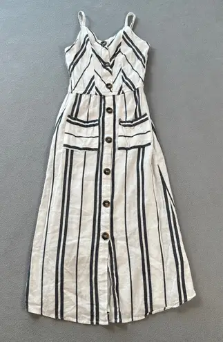 Hint of Blush Midi Dress Women M Striped Button Front Pockets Black White Sun Size M