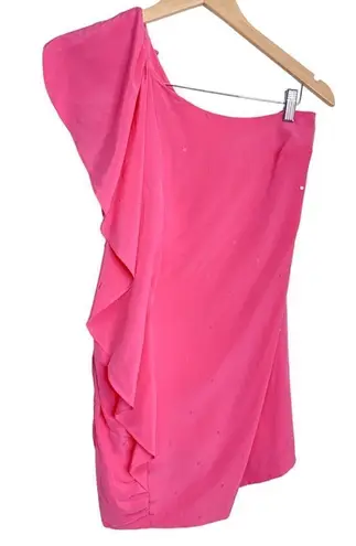 Madison Marcus One Shoulder Silk Pink Ruffle Mini Sequin Detailed Dress Size XS