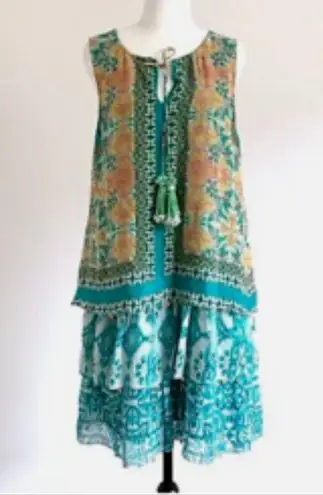 Hemant & Nandita Moana Dress 100% Silk Tiered Shift Mini Tassel Sequins Small Blue