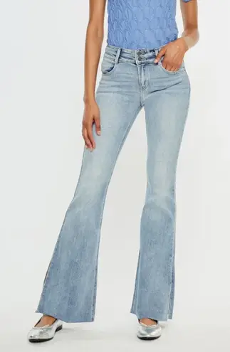 Kancan Selena Light Wash Mid Rise Flare Jeans with Raw Hem size 9/28 Blue