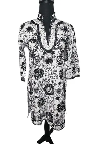 Gretchen Scott Black and White Tunic/Mini Dress with Embroidery Split Neck SZ XS