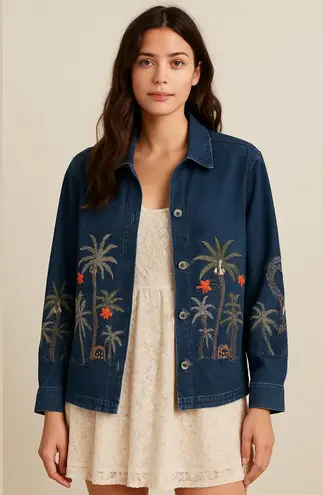 Deadstock Vintage Blue Jean Jacket Embroidered Palm Trees Size 3X