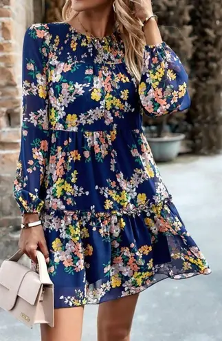 NEW Boho Navy and Floral Shirred Bodice Long Sleeve Ruffle Skirt Mini Dress Blue Size M