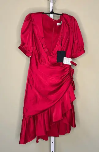 Mac Duggal NWT Short Puff Sleeve Faux Wrap Dress in Rusty Red Size 2