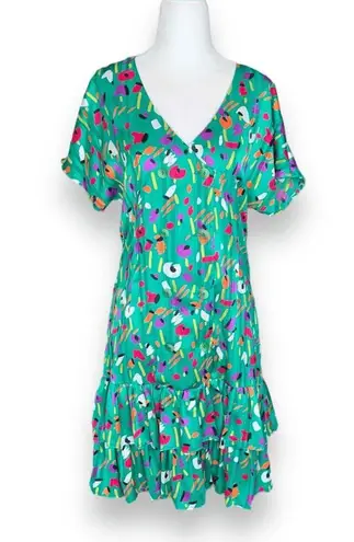 Vintage Howard Wolf Green Abstract Floral Print Mini Dress Ruffle Hem Made USA 6