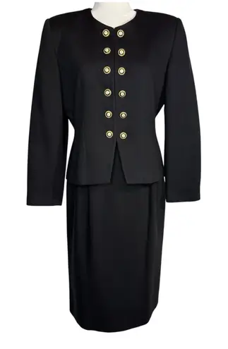 Oleg Cassini Vintage Black Blazer Jacket Skirt Set 8 Office Suit Gold Button
