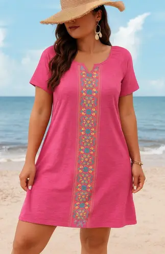 Fresh Produce Pink Embroidered Bohemian Floral Frenzy Tunic Dress L Cotton Beach
