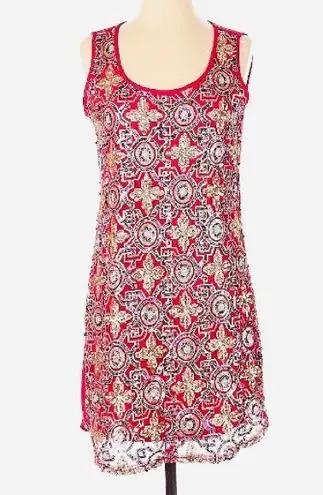 Buttons sequin, scoop neck, sleeveless, red shift dress.