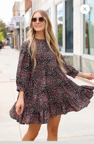 Dress Up Black Floral Tiered Mini Dress Size L