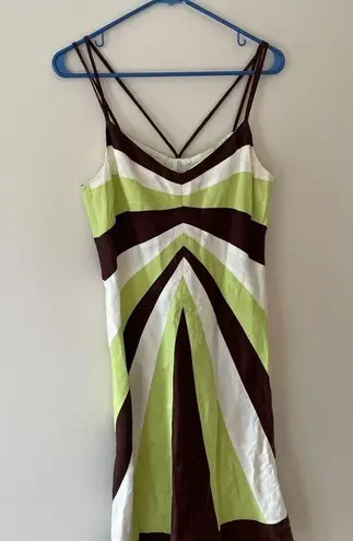 Yves Cossette Spaghetti Strap Color Block Slip Dress Lemon Brown Beige Size 8. Green