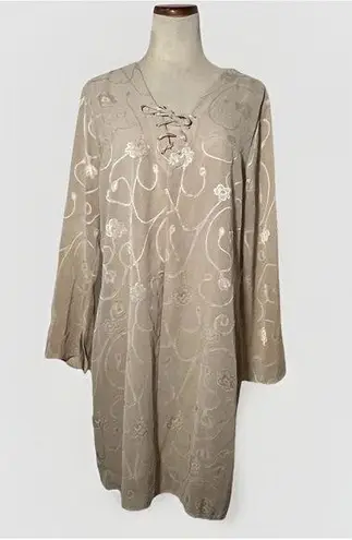 Selene Sport Womens Large Beige Shift Dress Pullover Polyester Floral Embroidery Tan