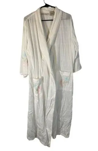 Laura Ashley White Cotton Embroidered Floral Kimono Long Robe Women Sz L VTG