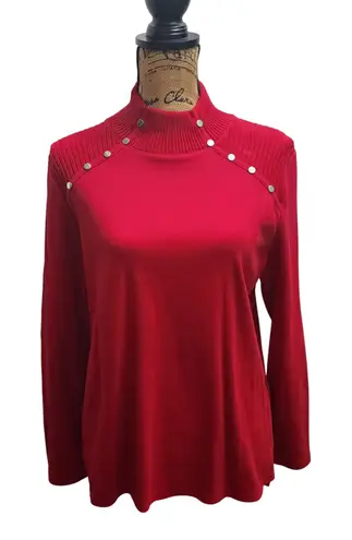 Rafaella Red Mock Neck Long Sleeve Sweater With Silver Button Detail Women's L - Image 1
