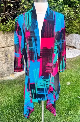 Lior gold Paris multicolored stretch lace mesh waterfall cardigan high l… Blue