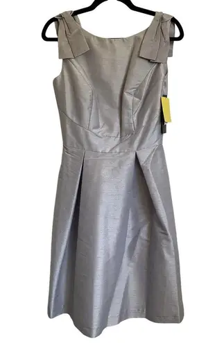 Alfred Sung NWT Dupioni Shoulder Bow Knee Length Dress in Dove Gray Silver
