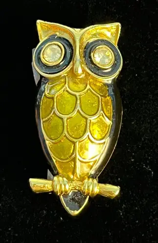 Vintage Owl Brooch Black & Gold Clear Rhinestone Eyes Whimsigoth Witchy