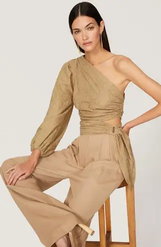 Maje Lalmeto One Sleeve Cut Out Ruched Tie Waist Tan Top Size Large