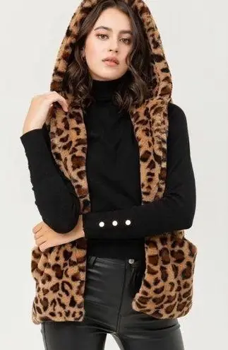 Leopard Animal Print Faux Fur Hooded Vest Size M