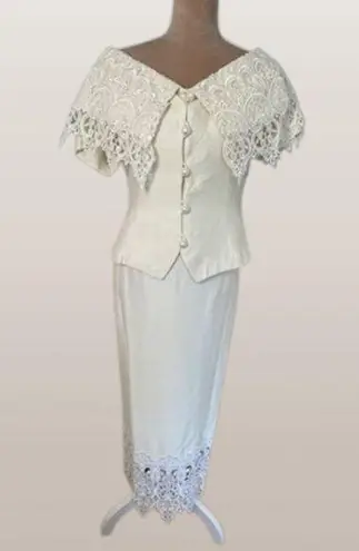 Jessica McClintock Vintage 90’s Ivory Lace Pearl Skirt Suit Bridal Shower Medium