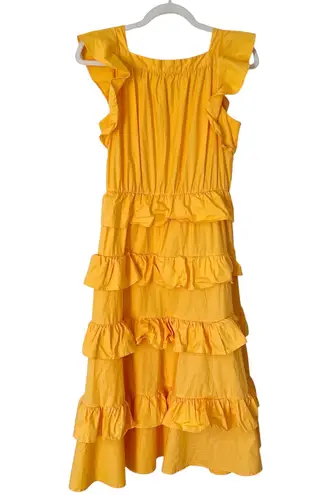 Rachel Parcell Tiered Cotton Poplin Ruffle Sleeve Midi Dress Amber Gold