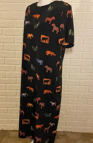 Vintage 80s Dress Safari Animal Print Maxi Dress Retro size Large Petite