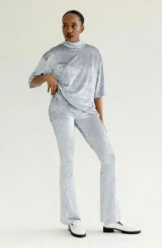 NEW Et Tigre Kenji Silver Metallic Velvet Velour Short Sleeve Mock Neck Top Sz S